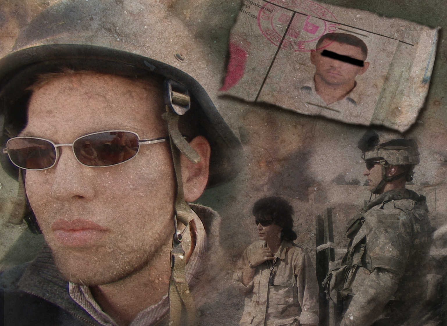 A soldier in uniform wears sunglasses and a serious expression. A photo of a man's passport with his eyes covered by a black bar is superimposed in the top right corner.