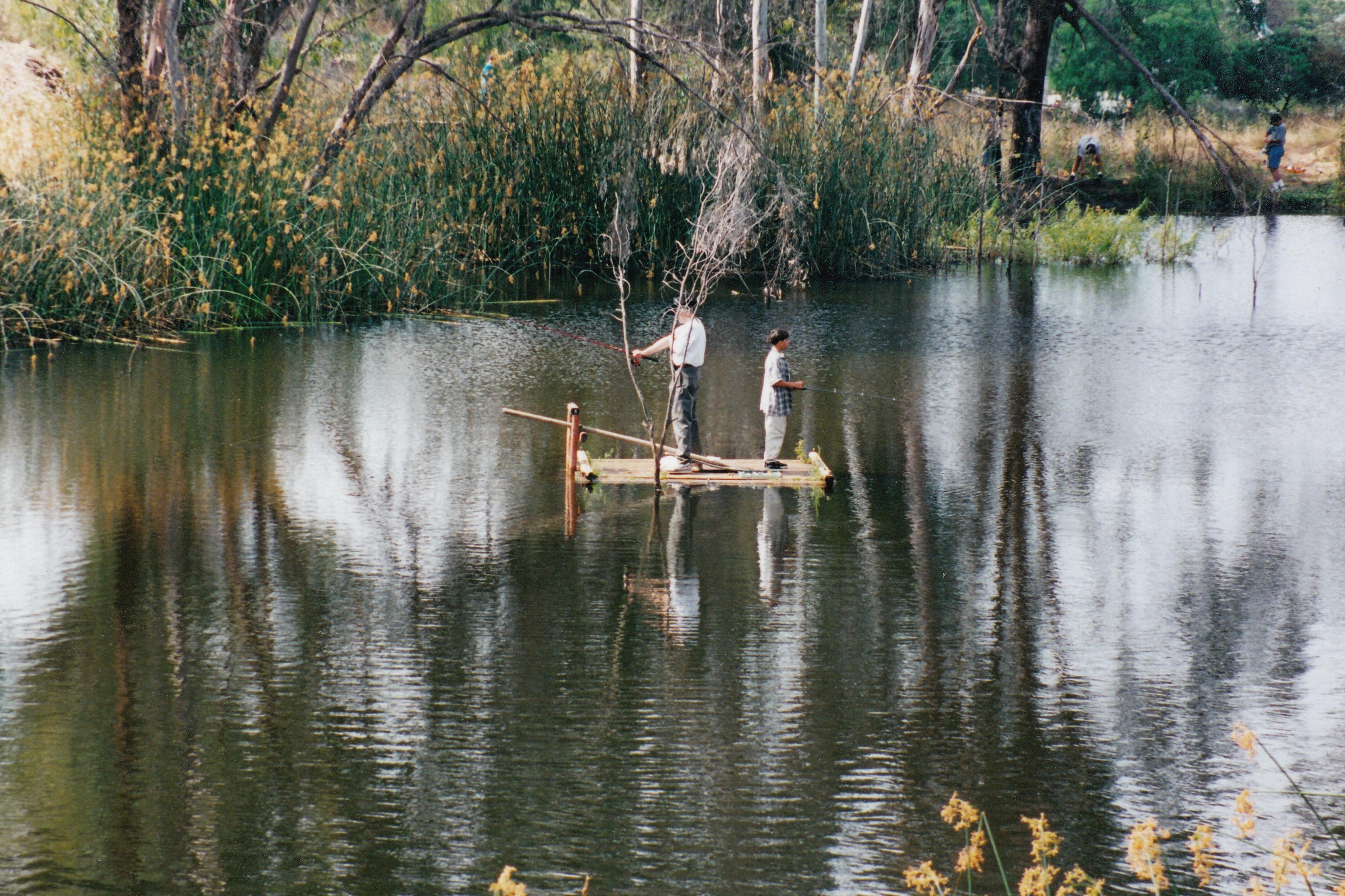 A man and a boy fishing on a raft in a lake surrounded by reeds