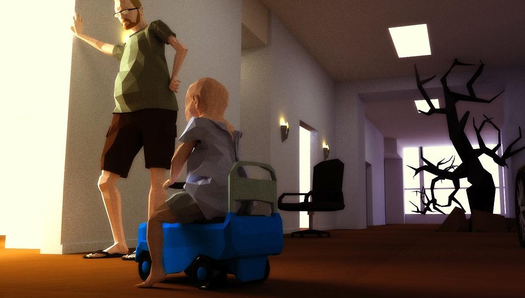 A 3D computer game scenario with a child riding a toy car through an office hallway. A man stands above him and leans his hand against the wall. In the distance is a dark tree.